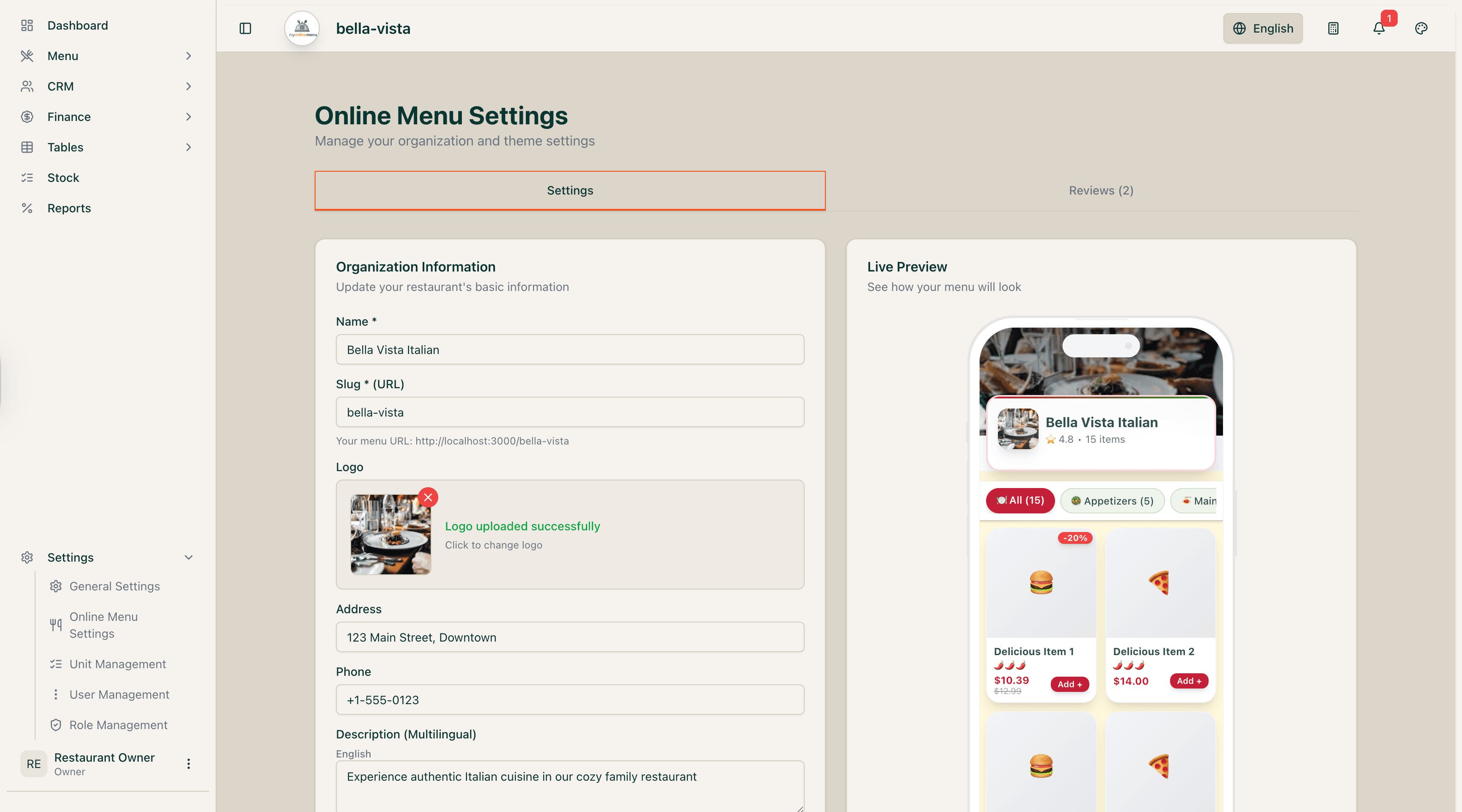 Online Menu with QR Code